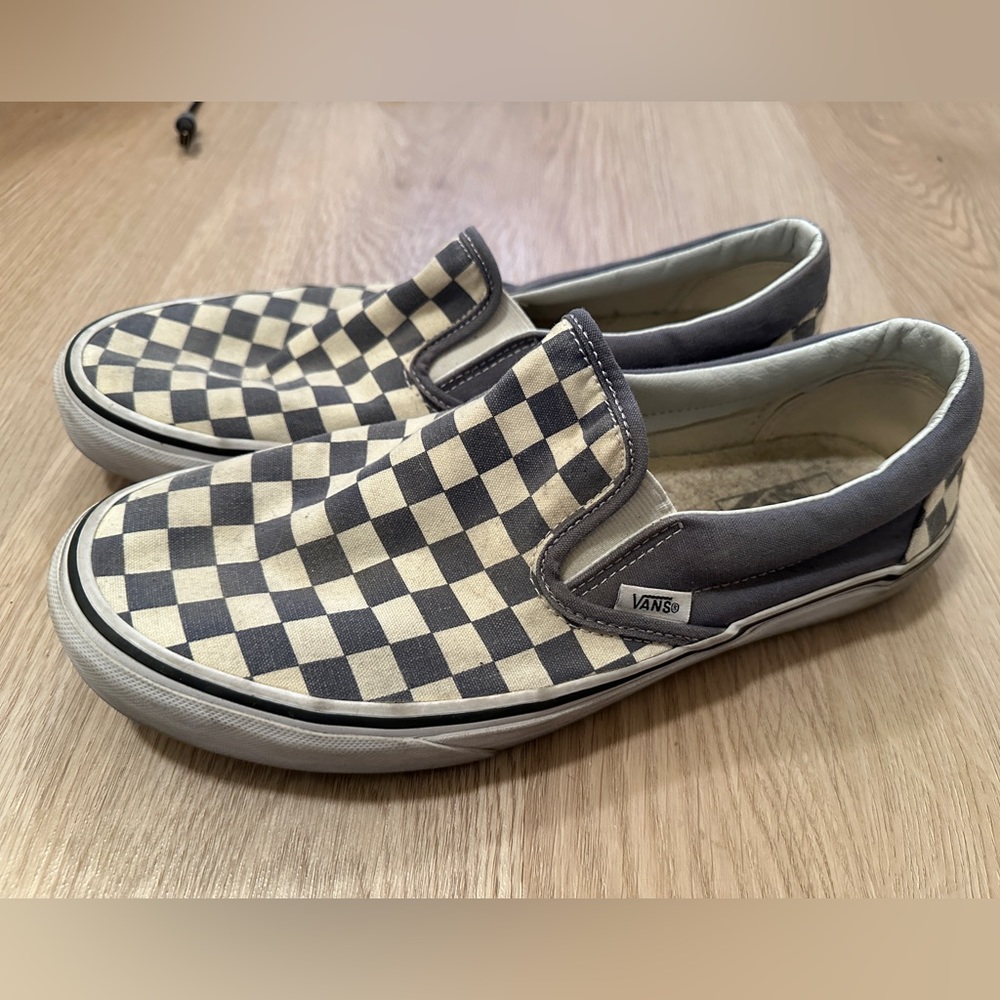 Grey and white checkered slip on vans